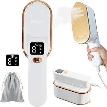 Travel Clothes Steamer Portable Iron, LCD Screen 2 in 1 Travel Steamer for Clothes Wrinkles Remover, 10S Fast Heat-up, 150ML Water Tank, 3 Steam Levels for Travel, Home, Office White