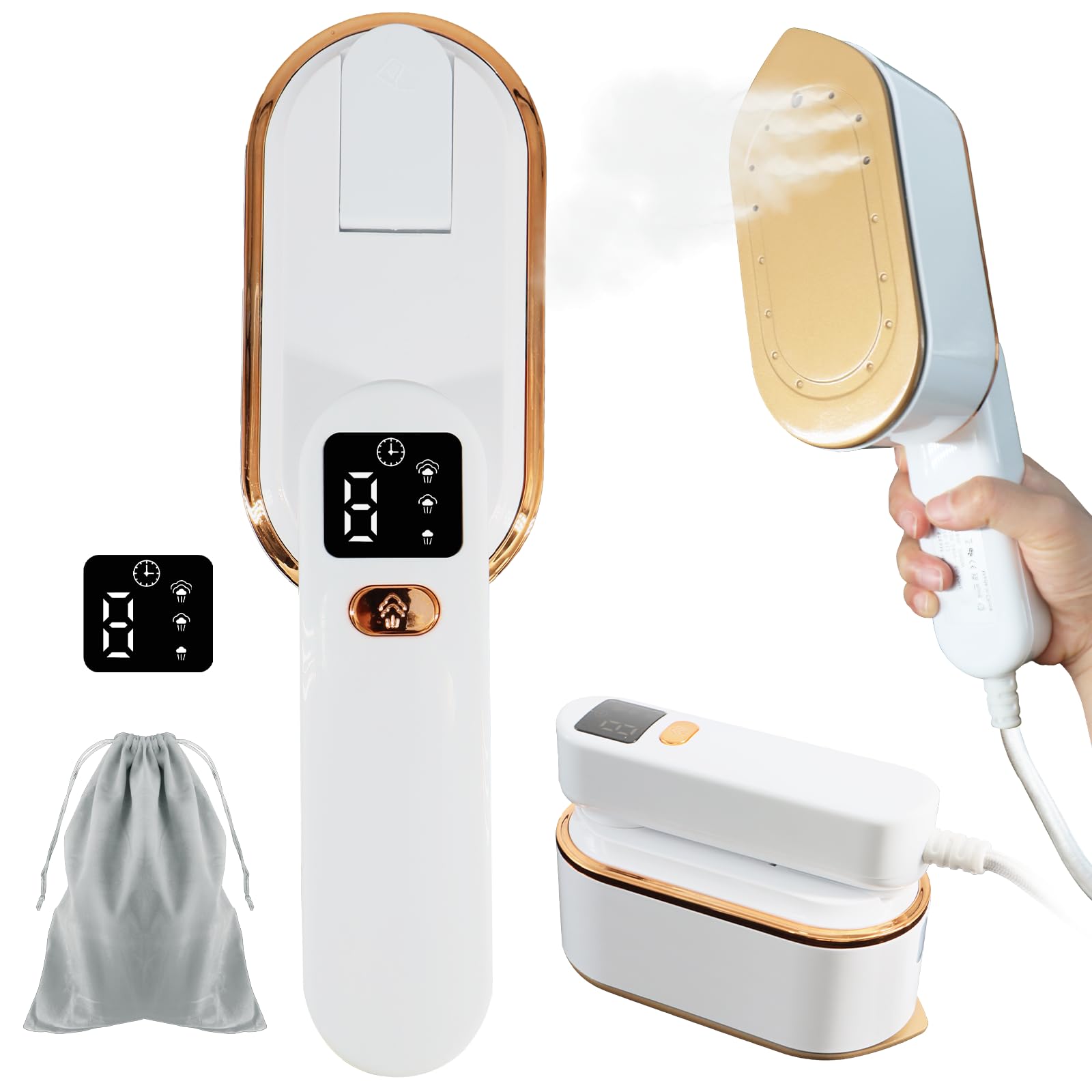 SPOKKI Travel Clothes Steamer Portable Iron, LCD Screen 2 in 1 Travel Steamer for Clothes Wrinkles Remover, 10S Fast Heat-up, 150ML Water Tank, 3 Steam Levels for Travel, Home, Office (White)