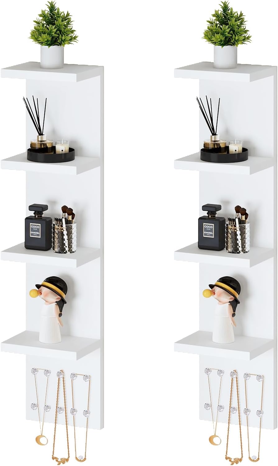 4 Tier White Lack Shelf Vanity Wall Shelf with 10 Crystal Hooks - Multi-Functional Storage for Makeup, Jewelry, Plants, Awards & Display (L7.1 x W5.5 x H30.7) (2)