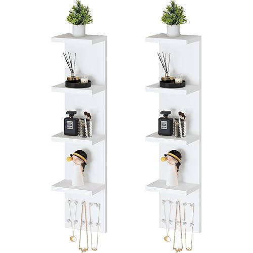 LitaEther 4 Tier White Lack Shelf Vanity Wall Shelf with 10 Crystal Hooks - Multi-Functional Storage for Makeup, Jewelry, Plants, Awards & Display (L7.1 x W5.5 x H30.7) (2)