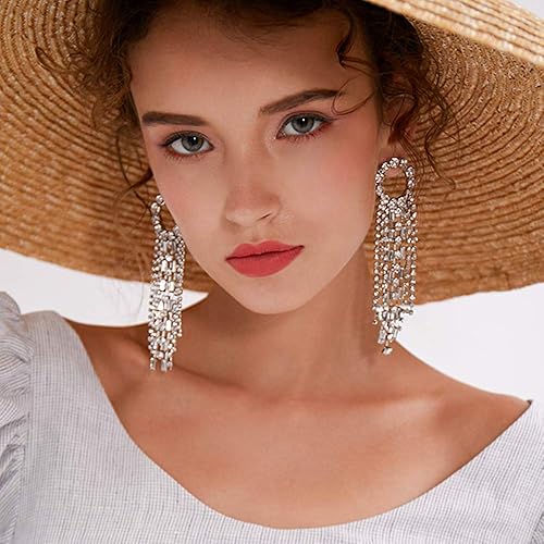 Miniatura 2 de fxmimior Pendientes de moda para mujer con borlas plateadas anillo de diamantes de imitación cadena larga aretes colgantes para mujer