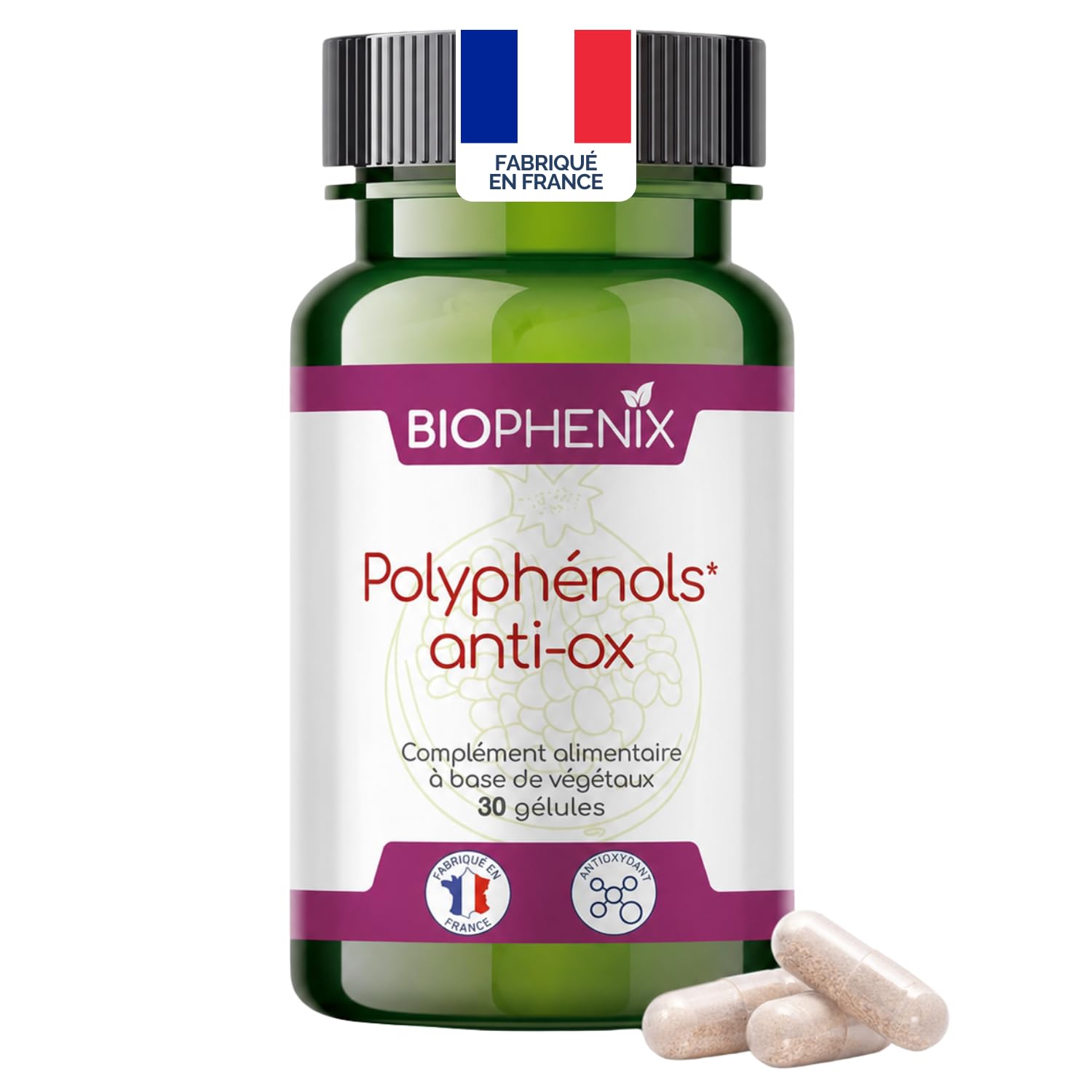 Biophénix - Polyphénols Anti-Ox 30 Gélules - Complément 100% Naturel à Base de Végétaux - Antioxydant, Anti-Inflammatoire,Anti-Vieillissement Vitamine E - Fabriqué en France - 2 Gélules/Jour