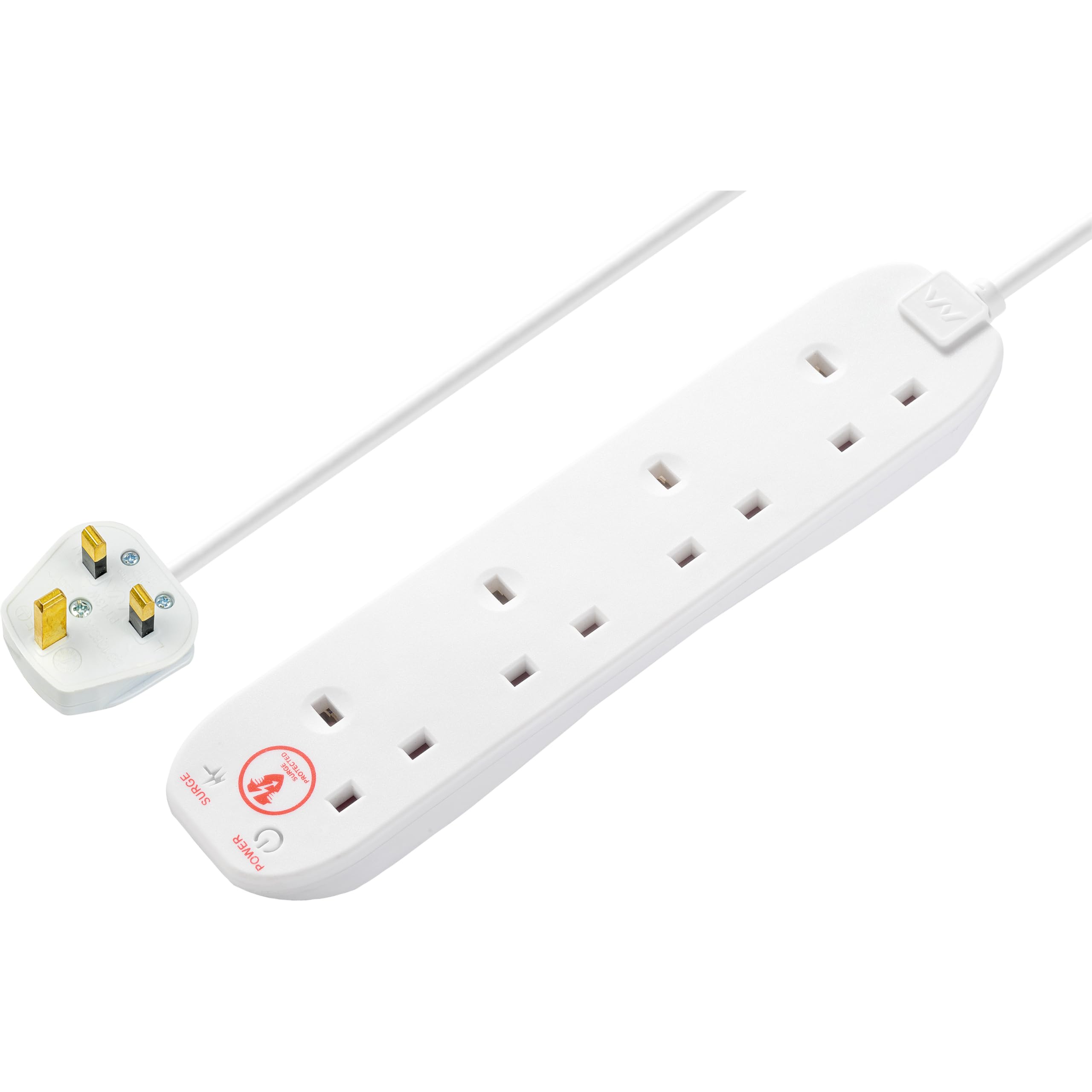 Masterplug Four Socket Extension Lead with Surge Protection, Power and Surge LED Indicators, Unswitched, 2 Metre Cable, 4-Way Plug Extension Cable, Power Strip, White, 13A, 4G, 2m, SRG4210N