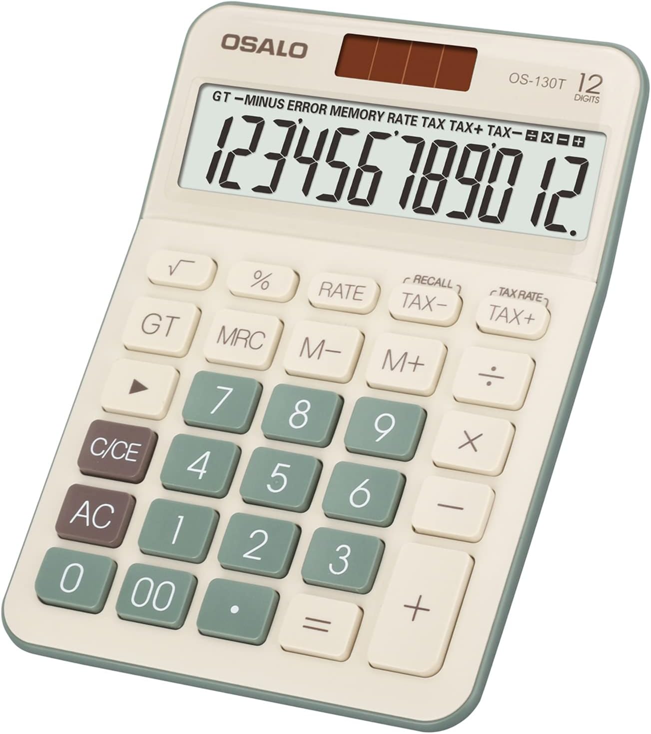 Front view of the OS-130T Desktop Calculator with a large LCD display and clearly labeled buttons.