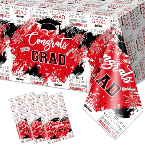 Avezano 3 pcs Graduation Tablecloths 108x54 2026 Graduation Decorations Congrats Grad Party Tablecovers Disposable Plastic for School Class Home, Red
