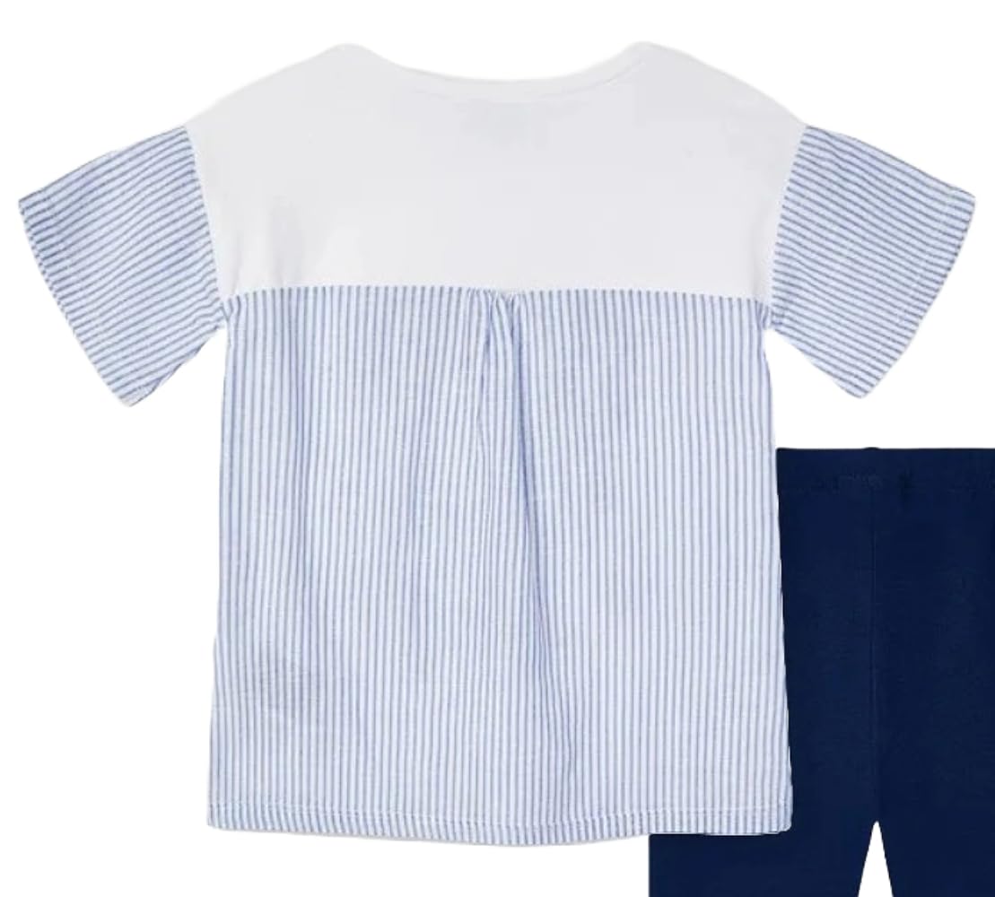 Generico Conjunto completo niña camiseta blanca con gráficos Selfie y pantalones leggings azul marino – Manga corta con lazo, look casual verano modelo 3736