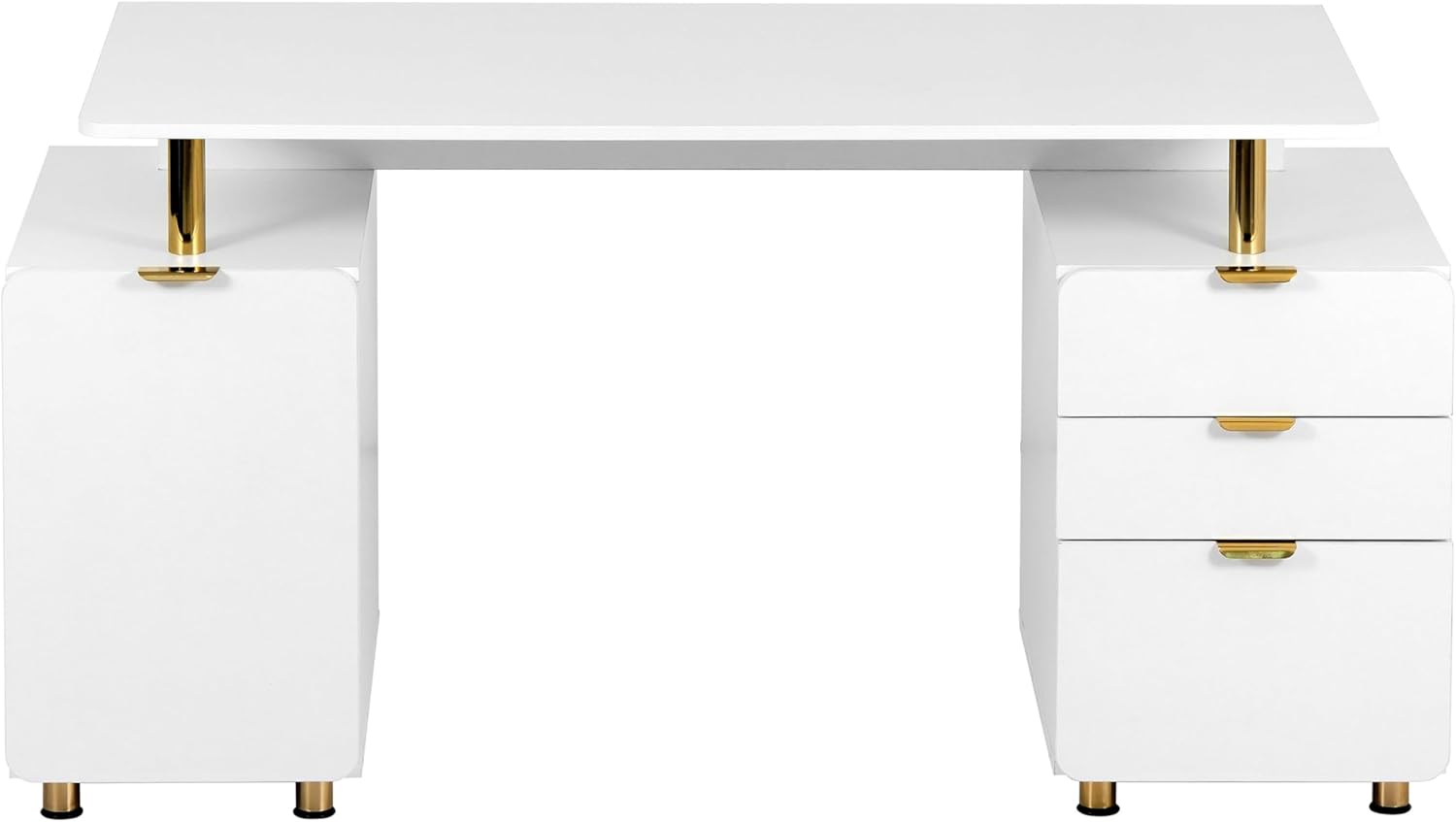 Elegant 56.75" W Executive Desk with 3 Drawers and Storage Cabinet, Modern Office Desk with Gold Accents, Floating Work Surface, Closed Storage with Ventilation & Adjustable Shelf (White,Gold)