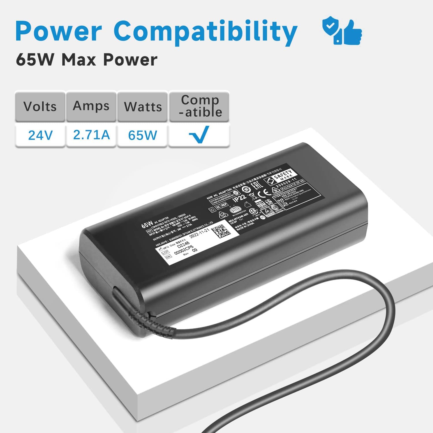65W Charger Compatible with Resmed AirSense 11 Power Supply, 24V/2.71A AC Adapter Compatible with AirSense 11 AutoSet Elite CPAP Machine, AirMini Auto CPAP Machines 390010 R390-7230 Power Cord