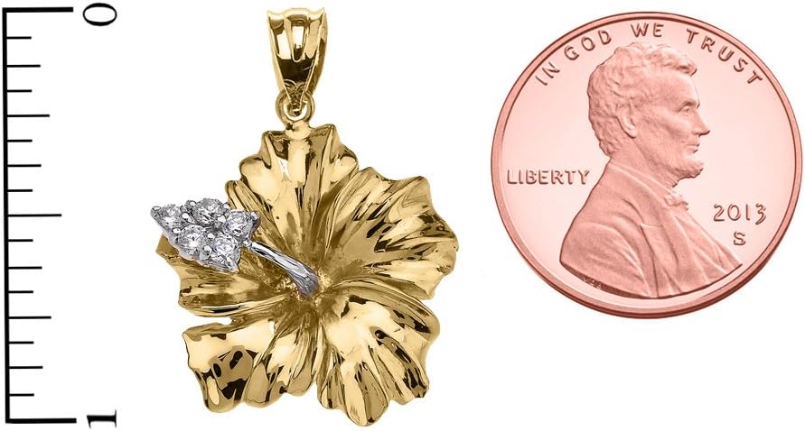 14k Yellow Gold Caribbean Hibiscus (Malvaceae) Cubic Zirconia Pendant - Image 2