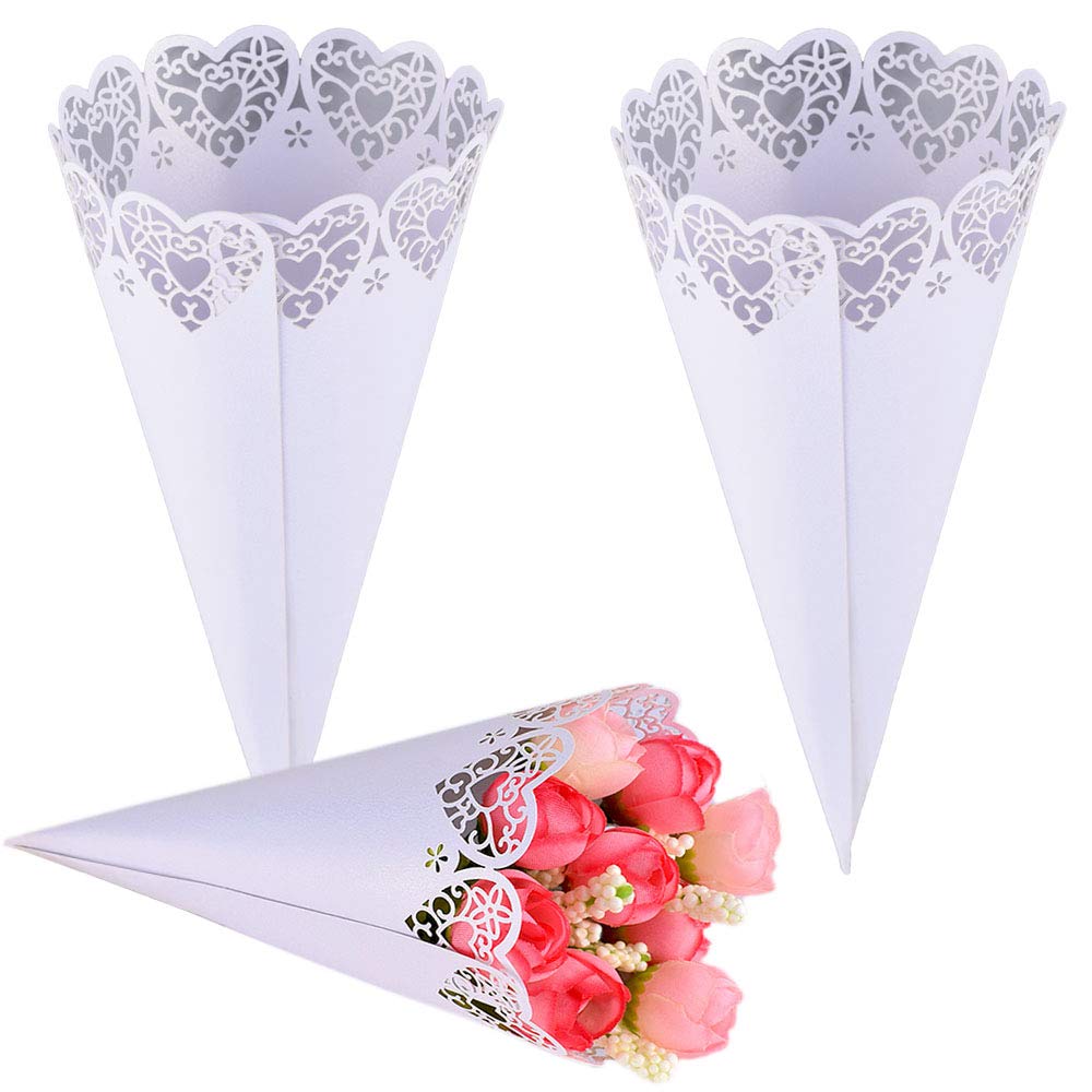 Tomkity 100 Piezas Conos de Arroz Blanco para Boda para Confeti Cucuruchos Cuerda de Cáñamo con Etiqueta Adhesiva