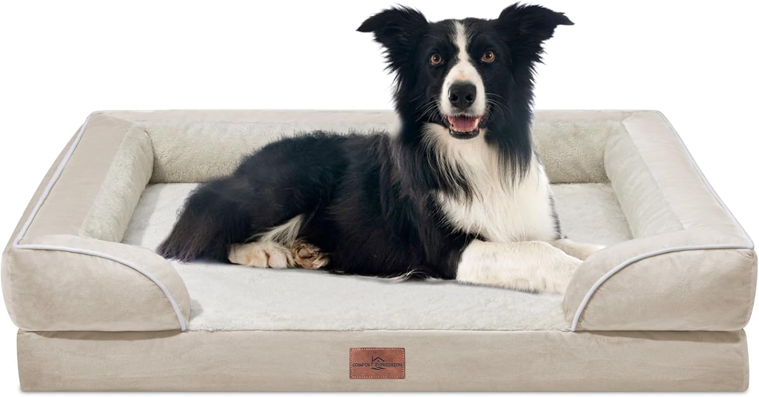 Comfort Expression Waterproof Dog Beds for Large Breed Dogs, Large Dog Beds Orthopedic Foam, Comfy Pet Bed Sofa with Washable Removable Cover & Non-Slip Bottom(Large,Beige) (36.0"L x 27.0"W x 7.5"Th Beige) Thumbnail