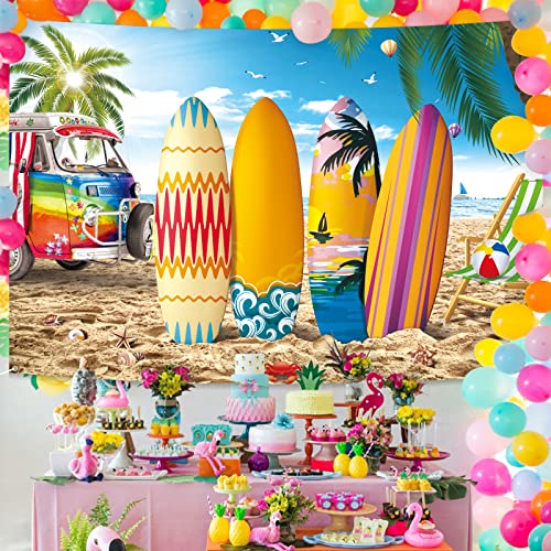 Extra Large Beach Party Decorations Surfboards Banner 72"X48" Backdrop Tropical Hawaiian Yard Sign Summer Poster Double Sided Printed Luau Hanging Supplies Sea Ocean Surfing Vehicle Wall Decor Background With Brass Grommets For Outdoor Outside Fence Birthday Gathering #TOP6