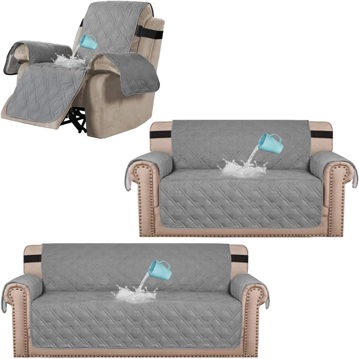 H.VERSAILTEX 100% Waterproof Quilted Sofa Cover Bundle Loveseat Cover Bundle Recliner Slipcover
