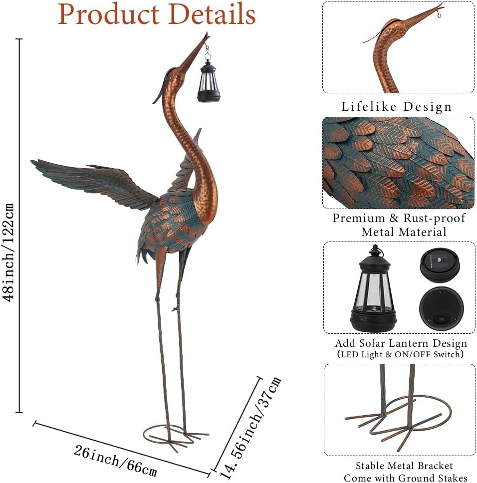 48'' Heron Garden Statue, Large Crane Outdoor Statue with Solar Lantern, Crane Bird Metal Yard Art for Outside Backyard, Pond, Porch Decor