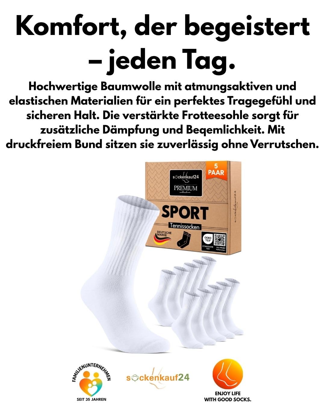 sockenkauf24 Sportsocken Herren Socken Damen Tennissocken Gepolstert Atmungsaktive Baumwolle 5 Paar Premium Crew Socken