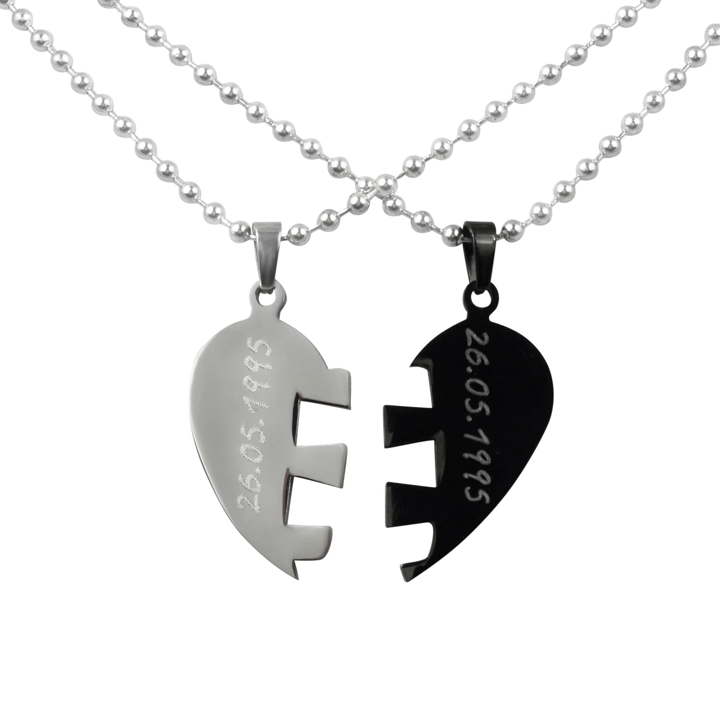 2 Stück Personalisierte Ketten mit Gravur Edelstahl 60 cm - Herzhälften "Love you" in silber und schwarz - Halsketten Männer und Frauen - Personalisierter Schmuck Paare Damen Herren Partner