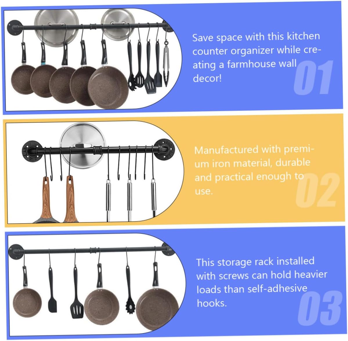 Ipetboom Iron Storage Rack Wall Mounted Pot Rack with Hooks, 13x60cm Industrial Kitchen Utensil Holder Organizer for Hanging Pots and Pans, Heavy Duty Pipe Material for Kitchen Storage