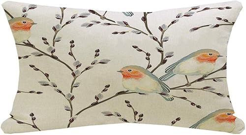 Funda de cojín lumbar con diseño de ramas de sauce sobre pájaros, tela de ramas de rama, color blanco, diseño vintage de primavera, texturas azules,