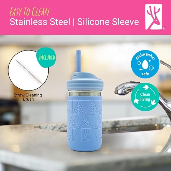 Elk and Friends 14oz Stainless Steel Kids + Toddler Drinking Cups | The Original Mason Jar with Sleeves + Lids | Silicone Straws | Smoothies | Storage Jar | Spill Resistant | Dishwasher Safe | 4 Pack