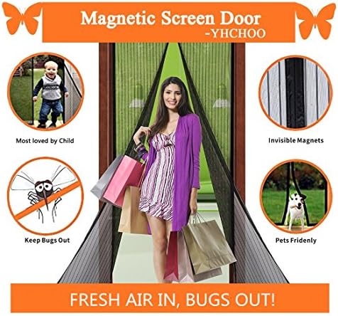 YHCHOO Magnetic Screen Door Full Frame Velcro and Dacron Heavy Duty Mesh Curtain, Toddler and Pet Friendly - Fits Doors Up to 35-Inch-by-83-Inch