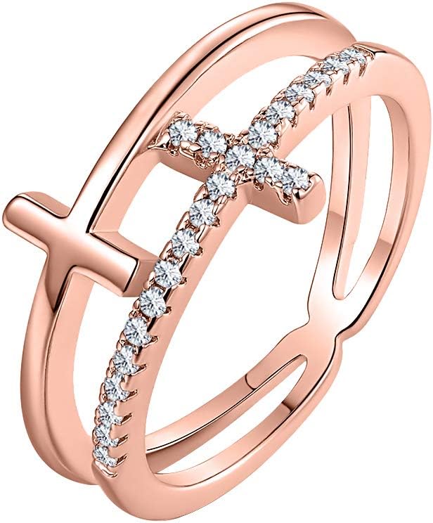 Womens Elegant 925 Sterling Silver Round Cut Gemstone 14K Rose Gold Double Cross Ring Christian Fashion Wedding Band
