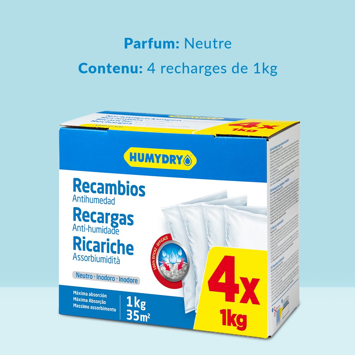 Lot de 4 Recharges Anti-humidité pour Déshumidificateurs - Idéales pour Placards, Salles de Bains et Chambres - Espaces jusqu'à 35 m2 - Sachets de 1 kilo - Parfum : Neutre - Humydry