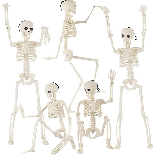 Feir 16" Skeletons Halloween Decorations – 5PCS Posable Full Body Skeletons with Movable Joints, Realistic Props for Outdoor Yard, Haunted House, Party & Indoor Halloween Decor
