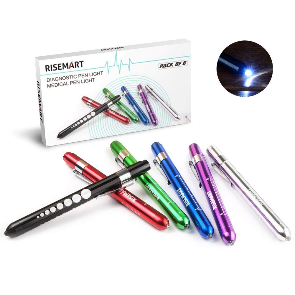RISEMART Pen Light, Nurse Penlight Medical Reusable White Led Pen Light with Pupil Gauge Measurements for Doctor Stethoscope Healthcare Nursing School Students (Pack of 6)
