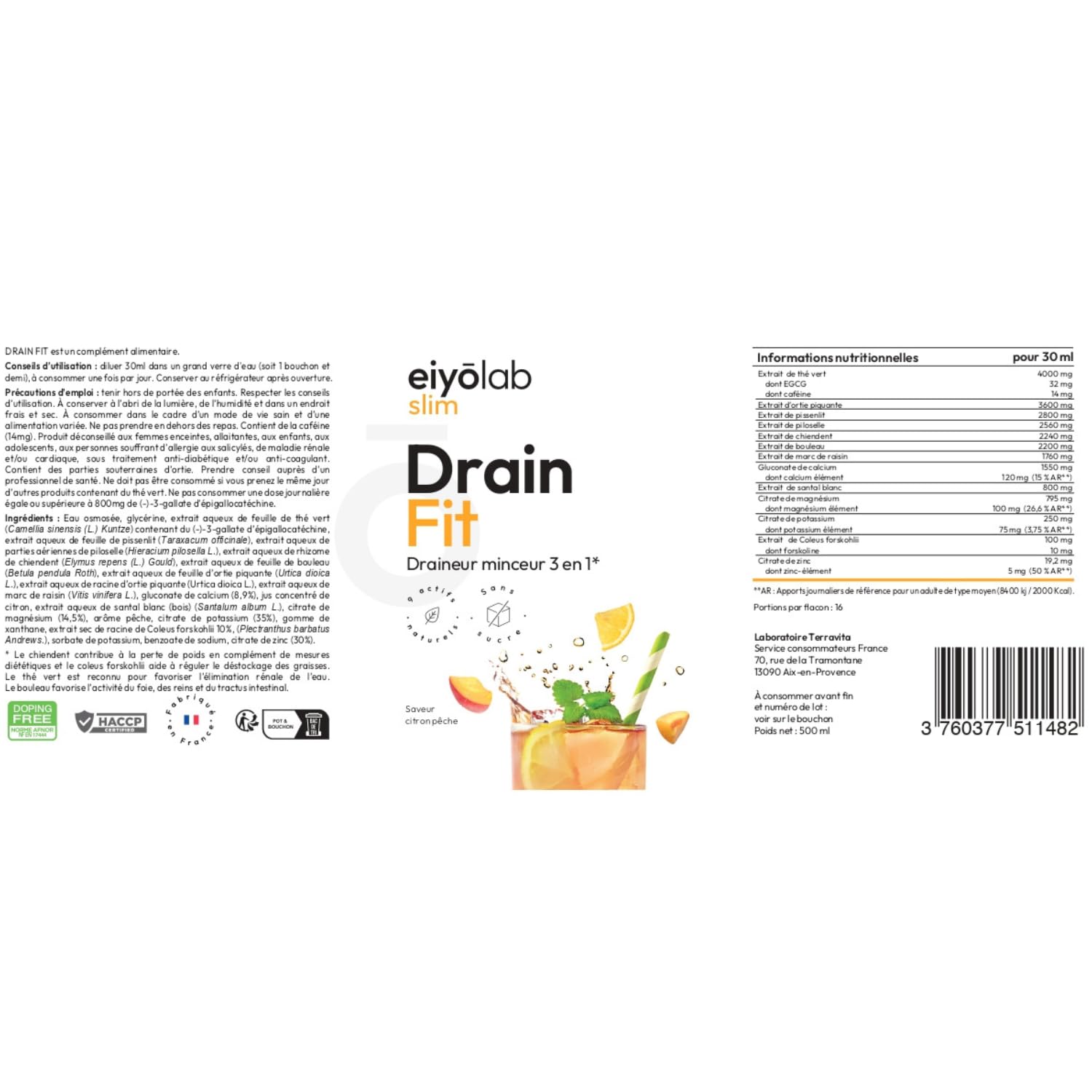 DRAIN FIT | Draineur Minceur Triple Action : Drainant + Détoxifiant + Amincissant | Réduit la Rétention d’Eau et Élimine la Cellulite | 500 ml | Délicieux Goût Citron-Pêche | Made in France | Eiyolab