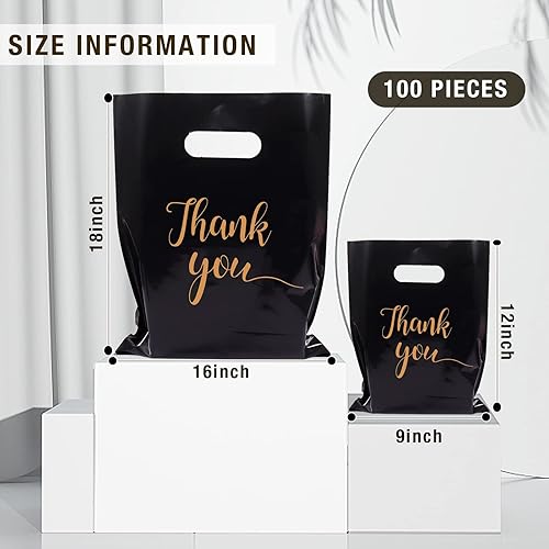 Miniatura 2 de 200 bolsas doradas de agradecimiento para pequeñas empresas, 2 tamaños de bolsas de plástico para compras al por menor, 100 unidades de 9 x 12