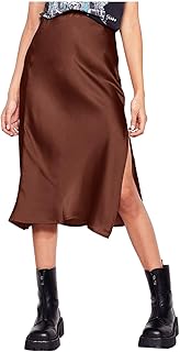 Satin Skirts for Women with Slit High Waist Elastic Solid...