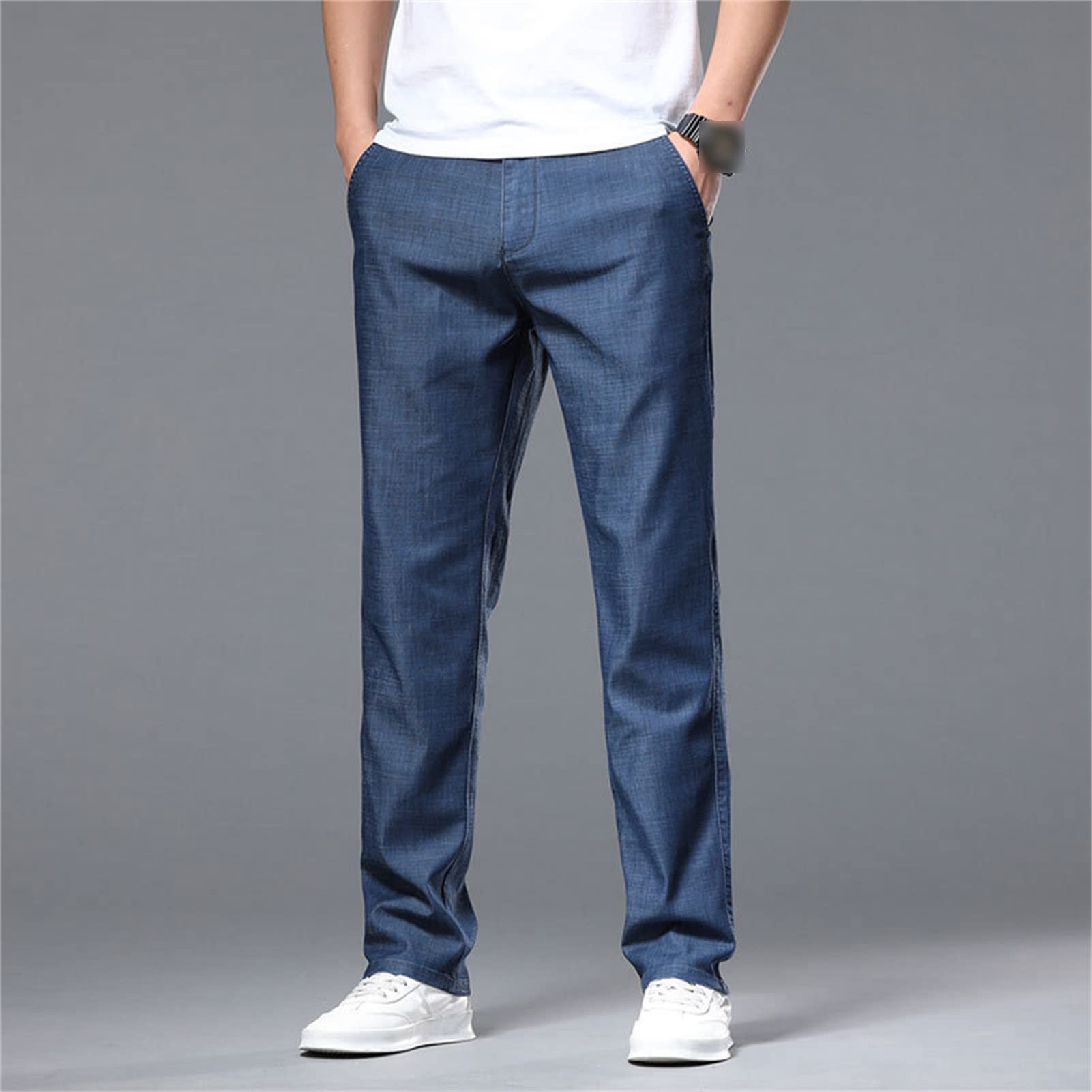 Maiyifu-GJ Men's Straight Fit Stretch Jeans Lightweight Soft Comfort Denim Jeans Solid Color Casual Straight Leg Jean Pants (Dark Blue,36)