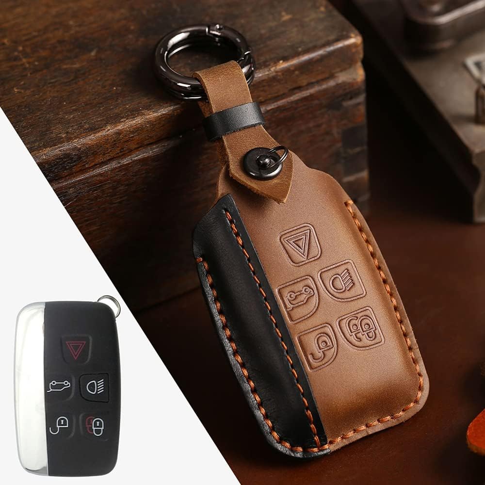 Leather Key Fob Case Cover Shell Compatible with Land Rover Range Rover Sport Evoque Velar Discovery LR4 Freelander 2 and Fit for Jaguar XF XJ XE F-PACE(Brown Black)