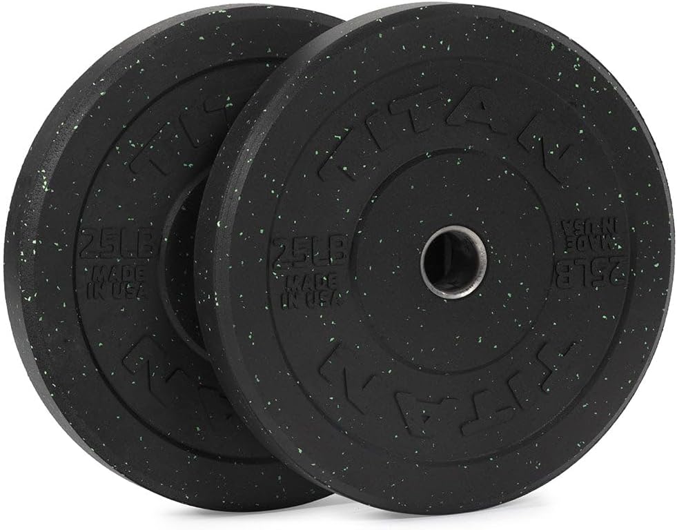 Titan Fitness Crumb Rubber Bumper Plates, Crack-Resistant Recycled Vulcanized Rubber Exterior with Steel Core, Weight Plates with IWF Color-Coding, for Weightlifting, Strength Workouts
