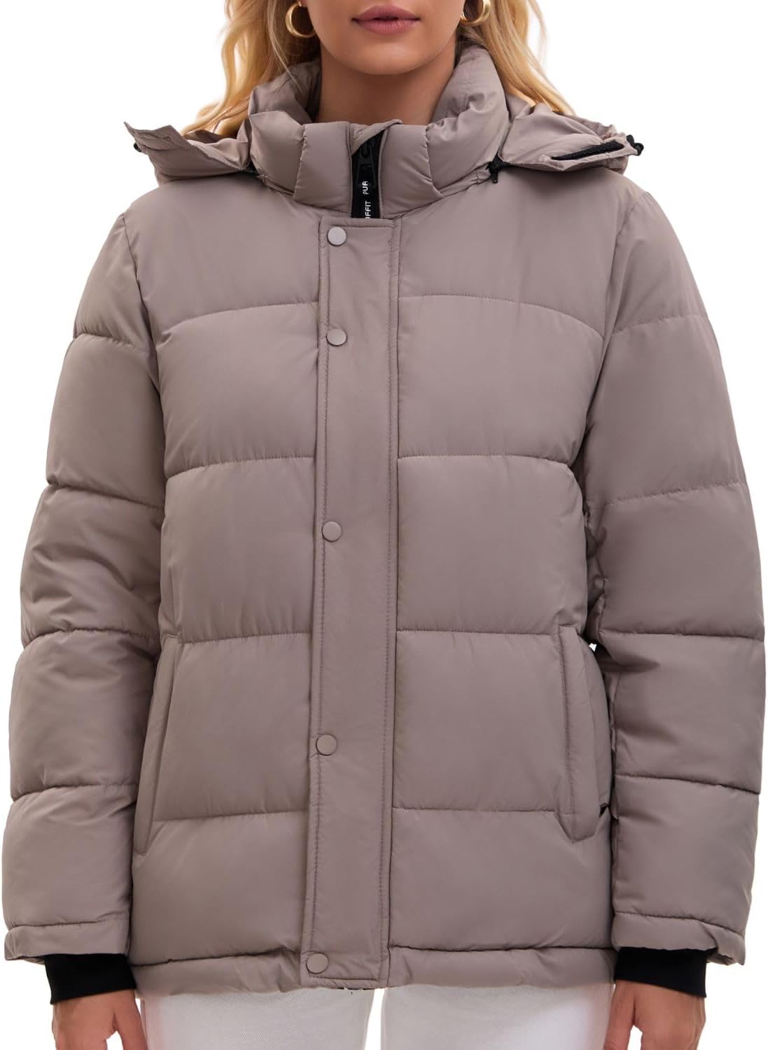 Women Mid Lenth Puffer Jacket, Warm Thicken Hooded Winter Coats, Windproof Long Sleeve & Hood,3 Pockets