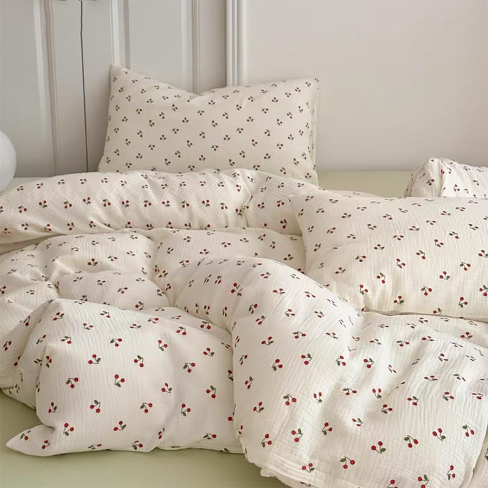 AShanlan Kinderbettwäsche 100x135 Baumwolle Musselin Bettwäsche Kinder Mädchen 100 x 135 cm + Kissenbezug 40x60 cm Rot Kirschen Muster Oeko-TEX zertifizierte Bettbezug mit Reißverschluss