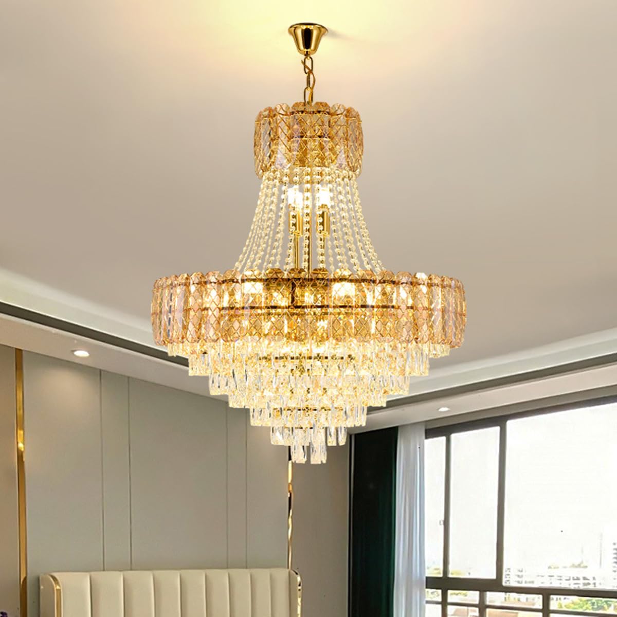 Lustre de luxe moderne en cristal ambré et doré style Empire pour grand salon
