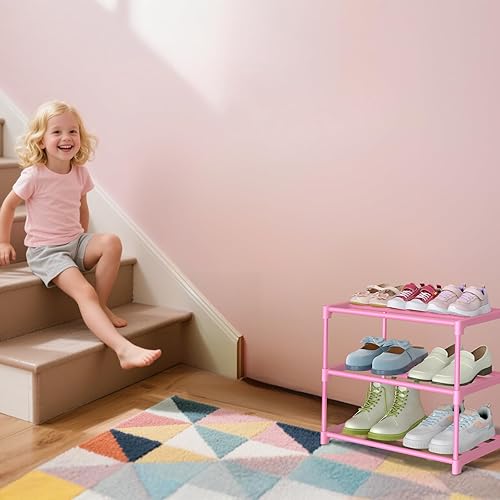 Miniatura 6 de Zapatero rosa de 3 niveles para armario de mujeresniñasniños, pequeño almacenamiento de zapatos para 5-7 pares, organizador de zapatos ligero