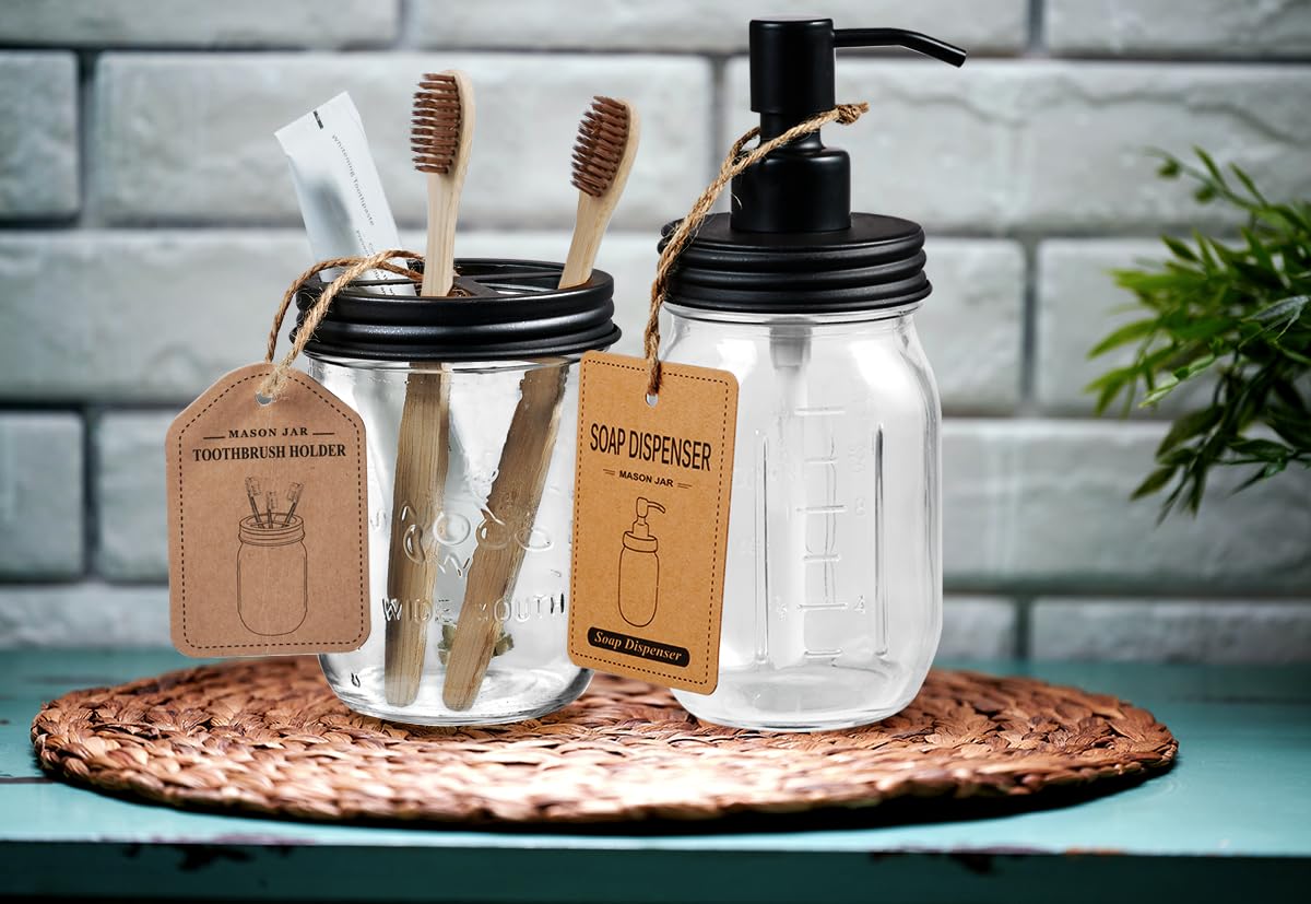 SheeChung Juego de accesorios de tarro Mason, juego de 2 accesorios de baño de vidrio, soporte para cepillo de dientes, dispensador de jabón de loción para decoración rústica de granja, decoración de