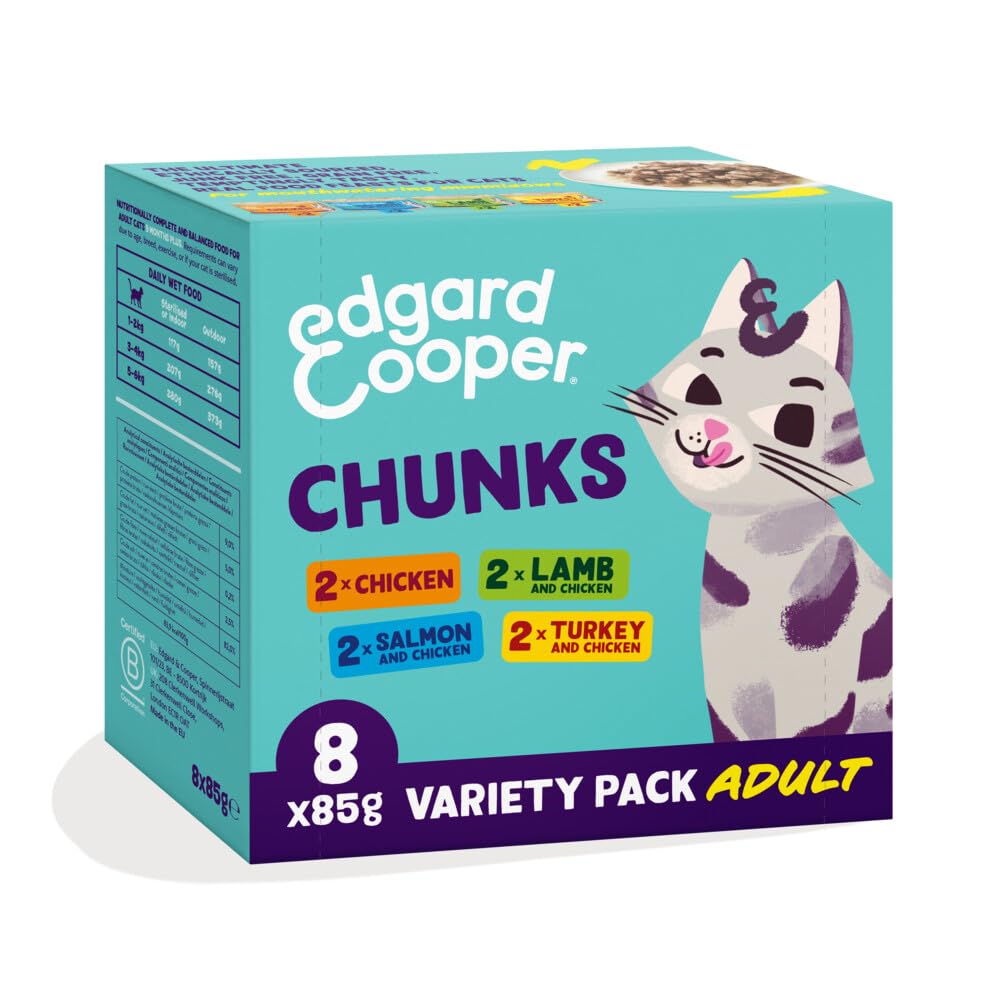 Edgard Cooper Comida húmeda para Gatos en Salsa, Multipack Pollo-Cordero-Salmon-Pavo 8 x 85g, sin Cereales, nutrición Sabrosa y equilibrada, proteínas
