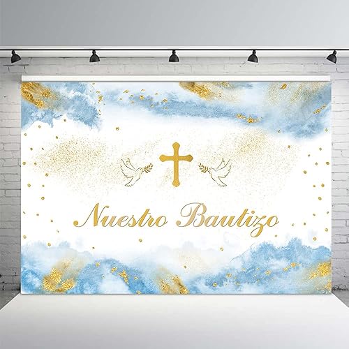 MEHOFOND Telón de fondo Mi Bautizo de 7 x 5 pies para niños, Nuestro Bautizo, bautizo, primera comunión, Dios bendiga fotografía, fondo azul pastel,