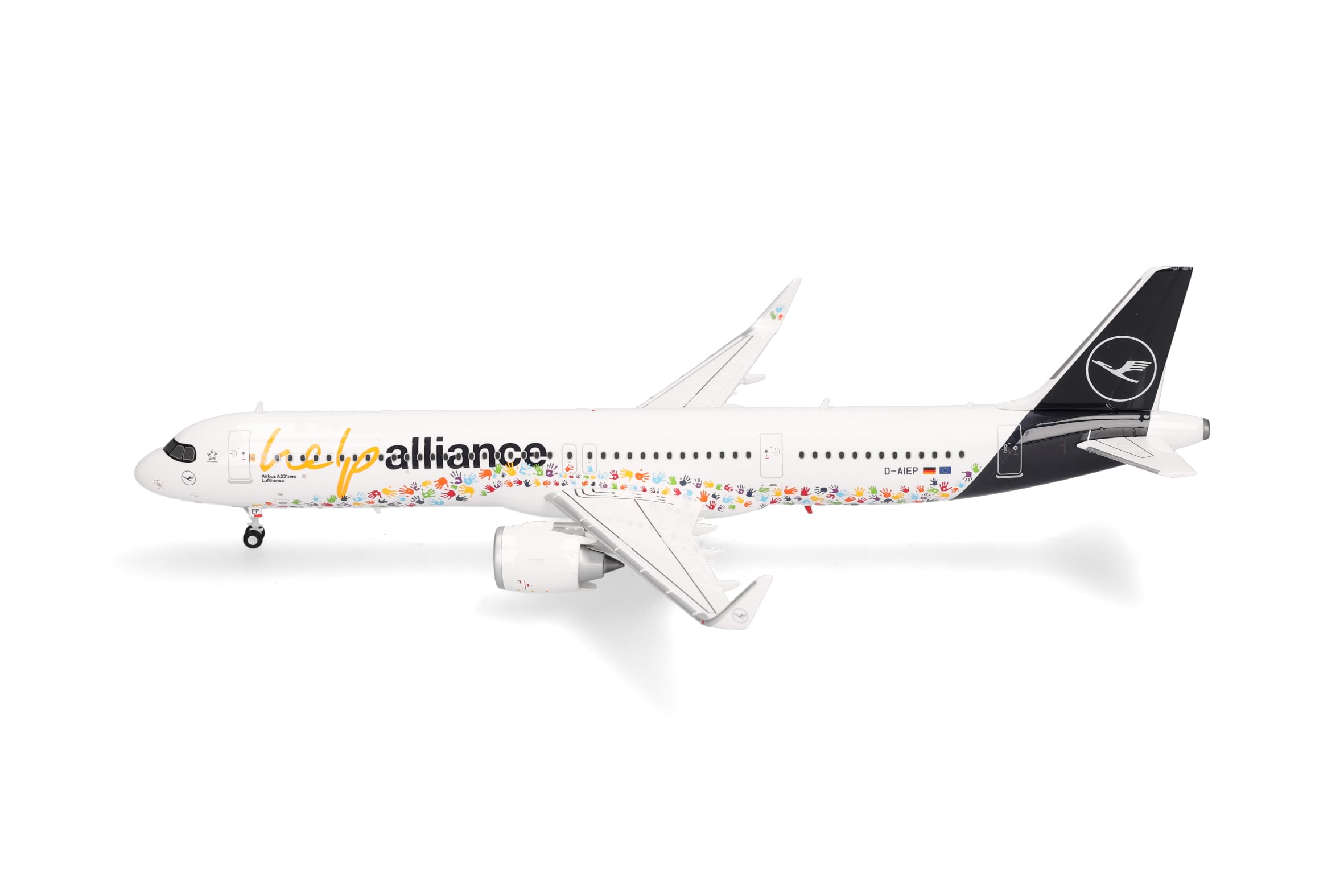 Herpa model samolotu Lufthansa Airbus A321neo „Help Alliance”, miniatura w skali 1:200, model kolekcjonerski, z podstawki, tworzywo sztuczne