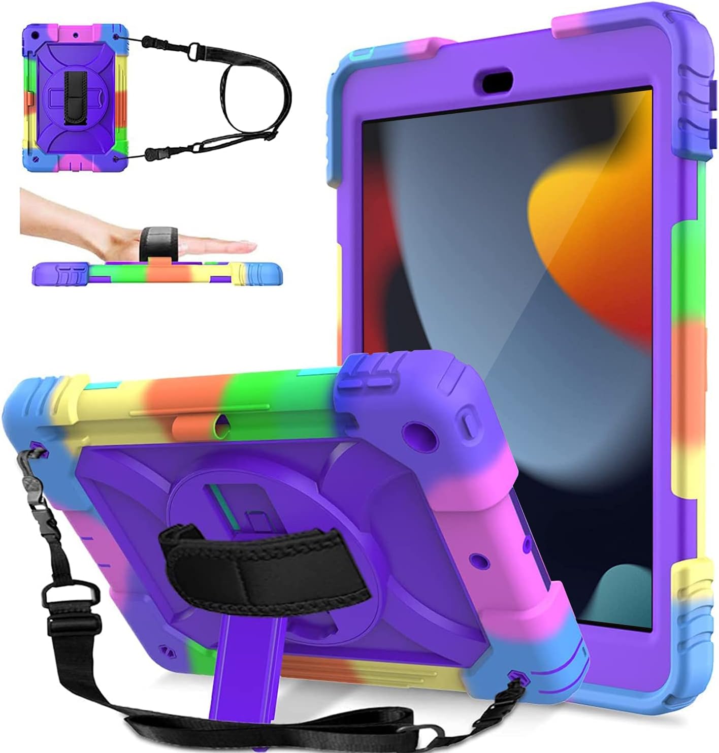 LEDNICEKER iPad 9th/8th/7th Generation case, iPad 10.2 case, Three Layer Protective Kids Case with [360 Rotating Stand] [Hand Strap] [Pencil Holder] for iPad 10.2 9th Gen 2021/2020/2019-Purple