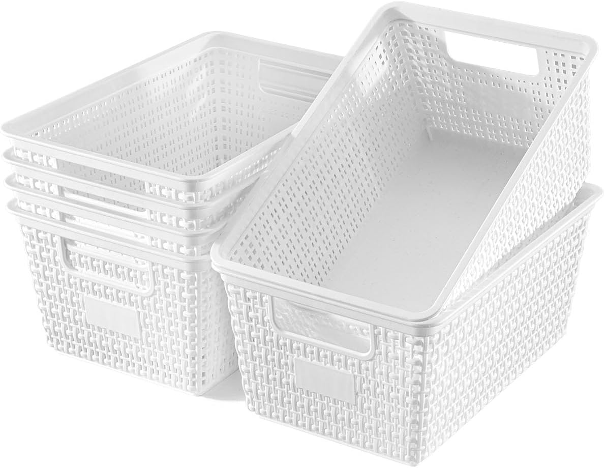 Plastic Storage Baskets For Organizing, 6 Pack Organization and Storage Containers, Storage Baskets for Shelves Drawers Desktop Closet Playroom Classroom Office, White