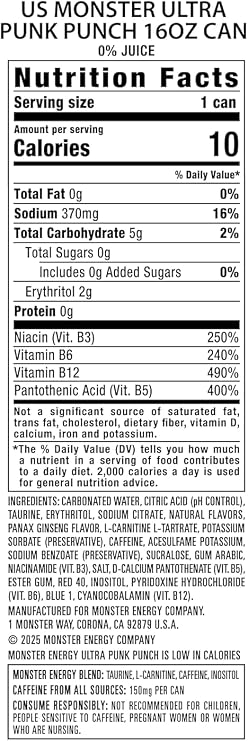 Monster Ultra Punk Punch Flavoured Zero Sugar Energy Drink 473ml (Pack of 12)