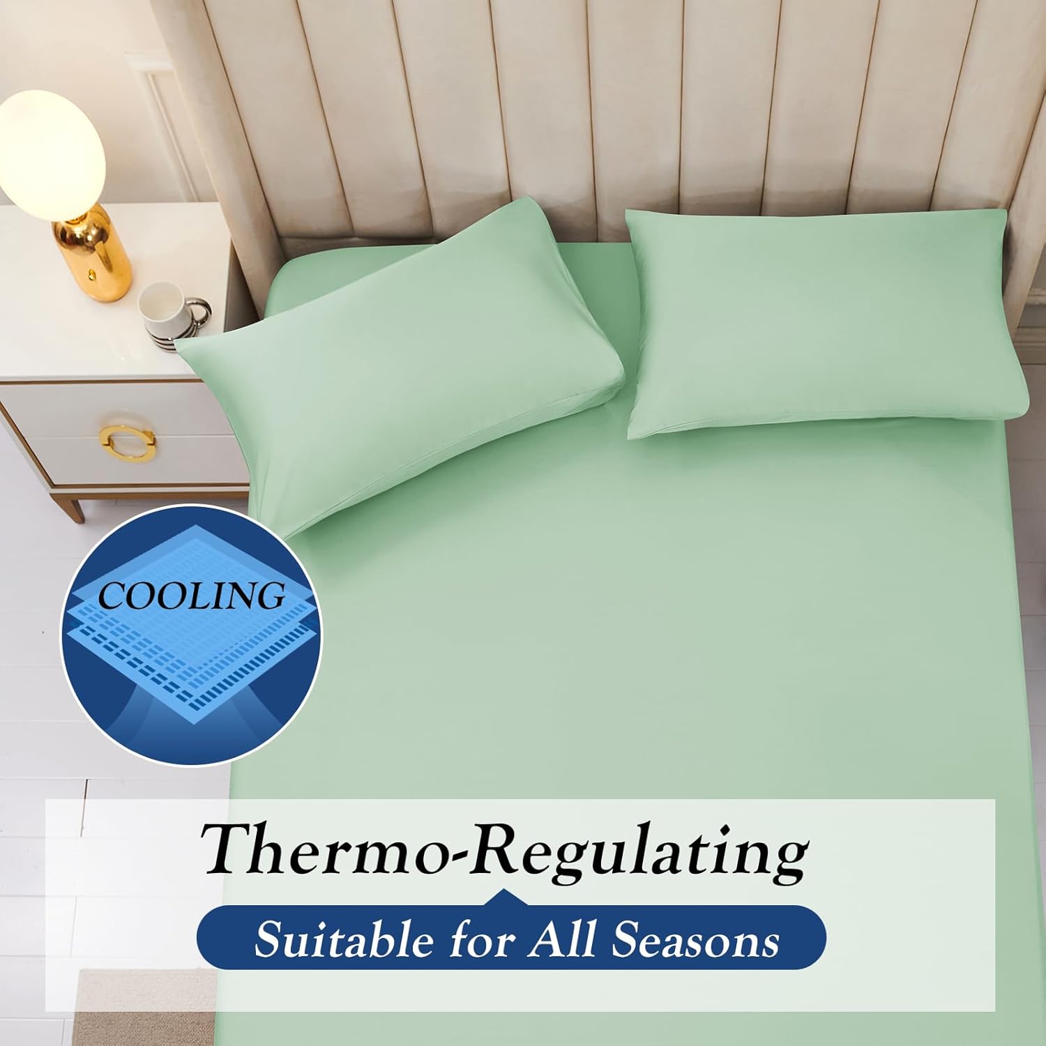 YIYEA 100% Viscose Derived from Bamboo Cooling Fitted Sheet with Pillow Cases for Hot Sleepers, 400 Thread Count, 16" Deep Pocket Bottom Sheet, Silky Soft and Breathable, Full, Green