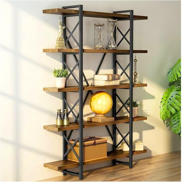 HomeHQ 5-Tier Pine Bookshelf, Bookcase With Solid Wood Shelves, Free Standing Industrial Bookcase for Living Room, Easy to Assemble Bookshelf, Rustic Pine Wood Bookcase, Metal Frame Shelving Unit