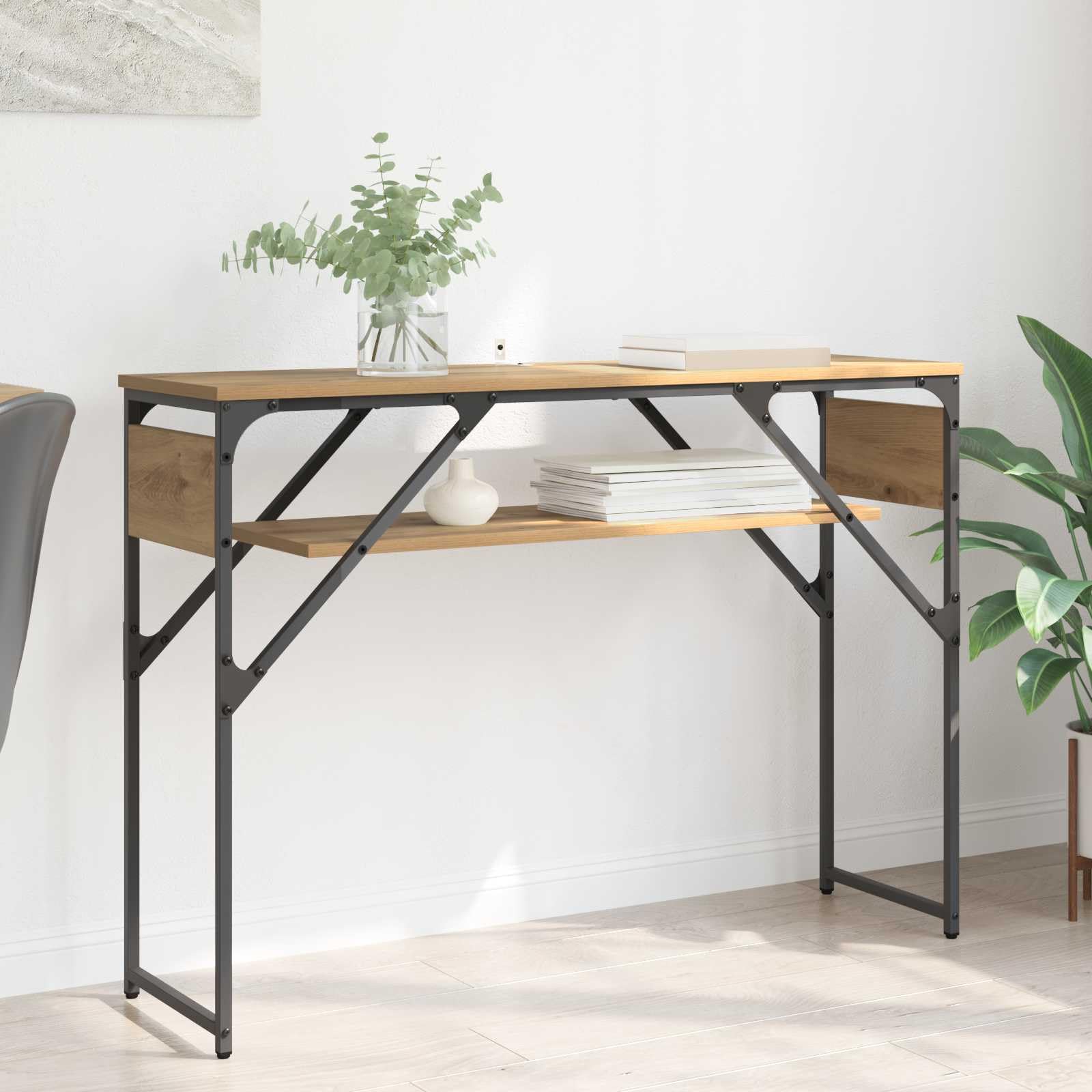 Tavolo consolle in rovere Artisan, con ripiano, 105 x 30 x 75 cm, telaio in metallo verniciato a polvere, spazio per soggiorno, casa, ufficio, studio