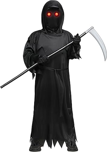 Doxrmuru Disfraz de la parca para niños, disfraz de Halloween con ojos rojos iluminados