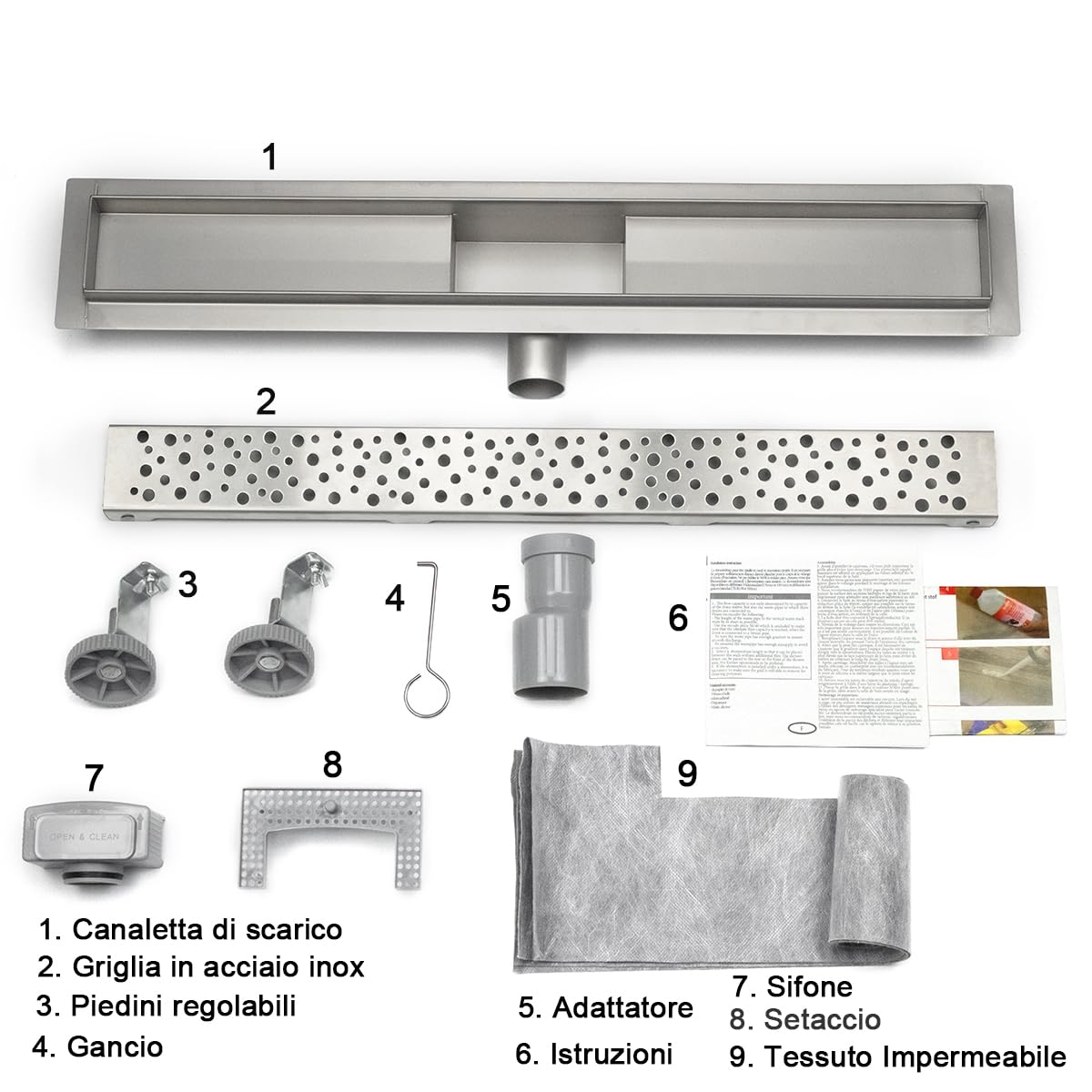 AICA ITALY Canale per Doccia con Sifone, Canale di Scolo con Dispositivo Deodorante e Filtro per Capelli, Canalina di Scarico a Pavimento 80 cm, Griglia con Disegno di Cavi Rontondi, Rettangolo